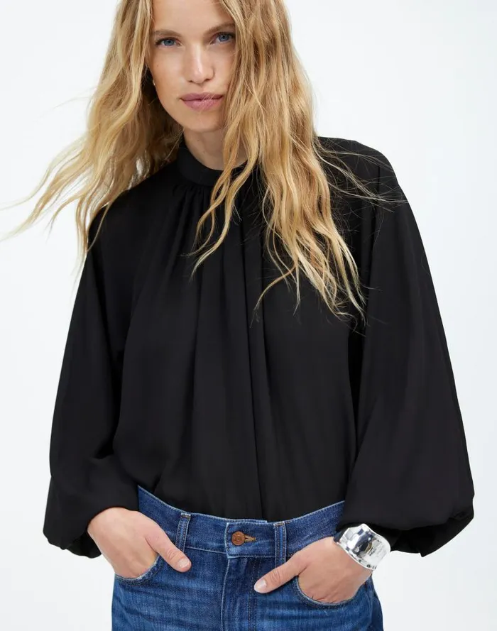 Women Turtleneck LongSleeve Top In Chiffon True Black Madewell Tops and Shirts