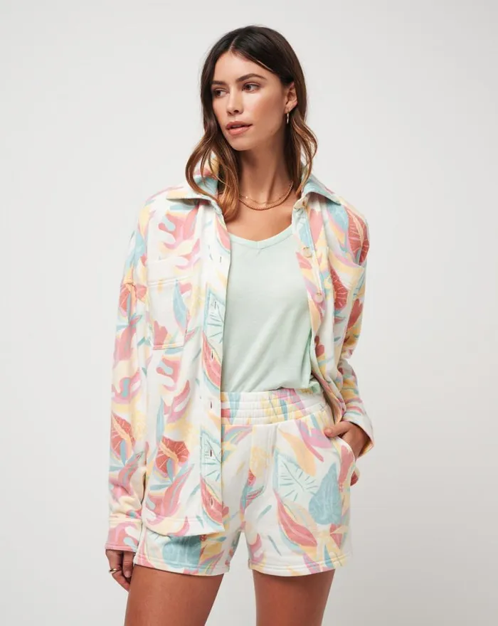Women VACAY AND ROSE CLOUD FLEECE SHACKET Ivory Multi TravisMathew Jackets