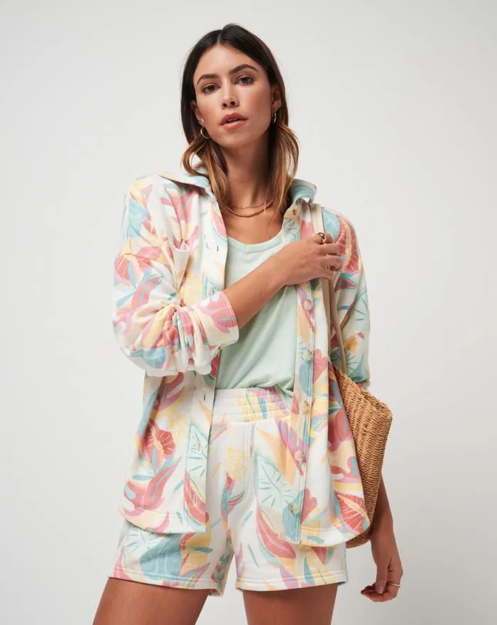 Women VACAY AND ROSE CLOUD FLEECE SHACKET Ivory Multi TravisMathew Jackets