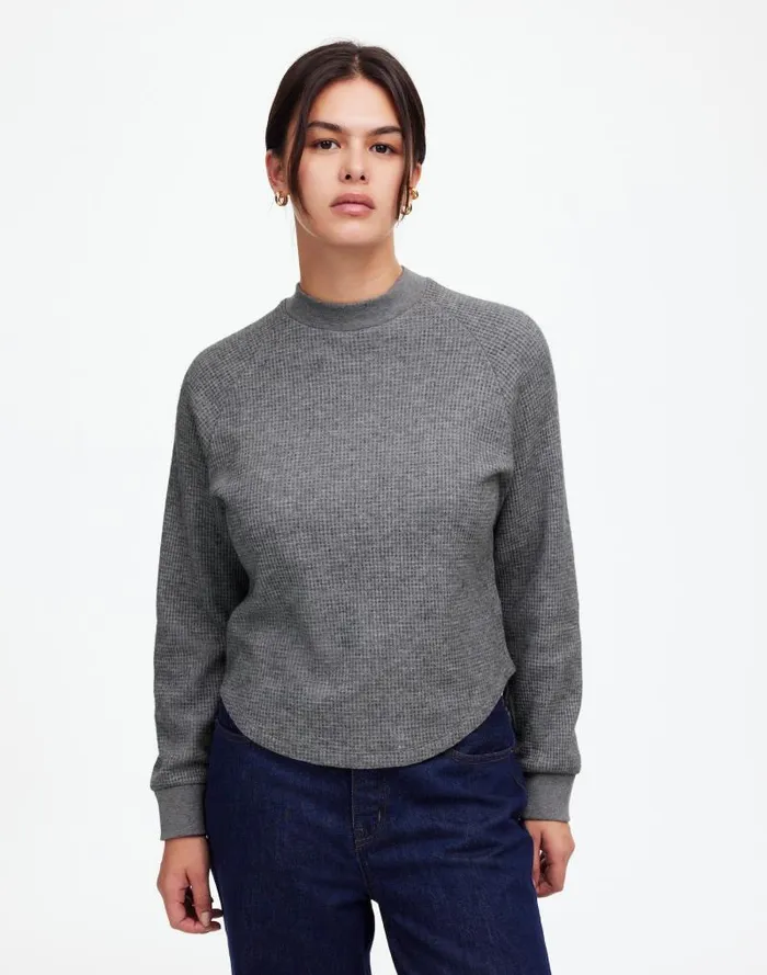Women WaffleKnit LongSleeve Crewneck Tee Hthr Charcoal Madewell Sweaters
