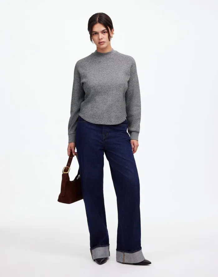 Women WaffleKnit LongSleeve Crewneck Tee Hthr Charcoal Madewell Sweaters