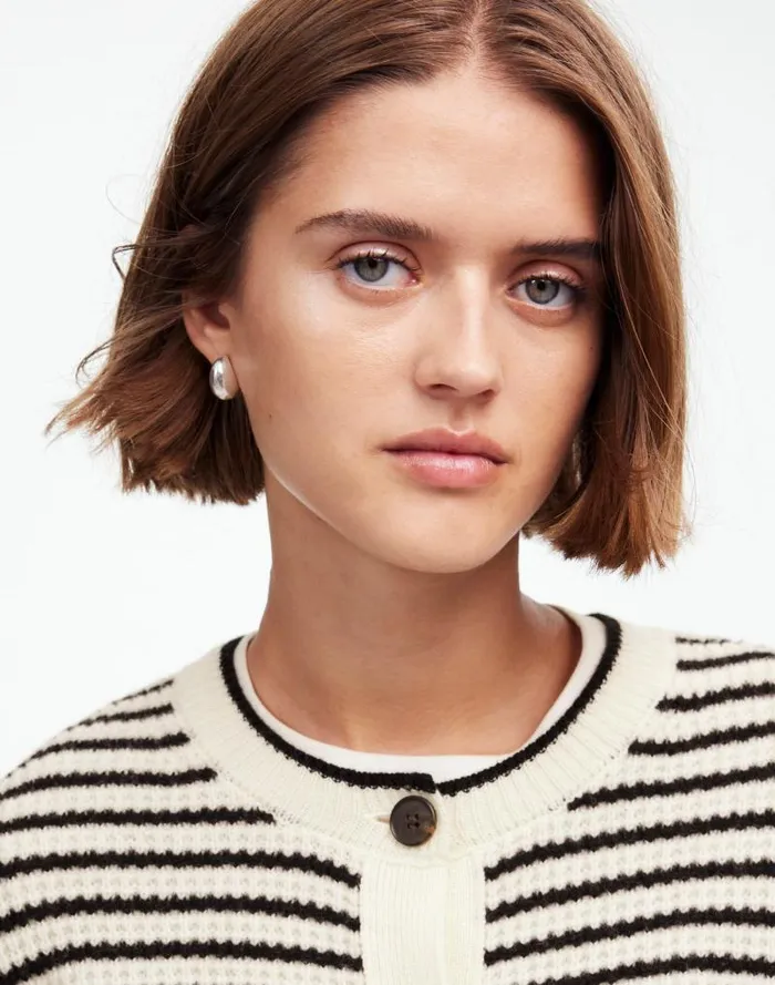 Women WaffleKnit Wool Cardigan In Stripe Winter White Stripe Madewell Sweaters