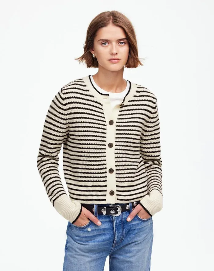 Women WaffleKnit Wool Cardigan In Stripe Winter White Stripe Madewell Sweaters