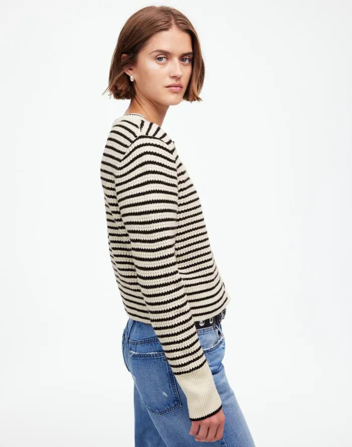 Women WaffleKnit Wool Cardigan In Stripe Winter White Stripe Madewell Sweaters