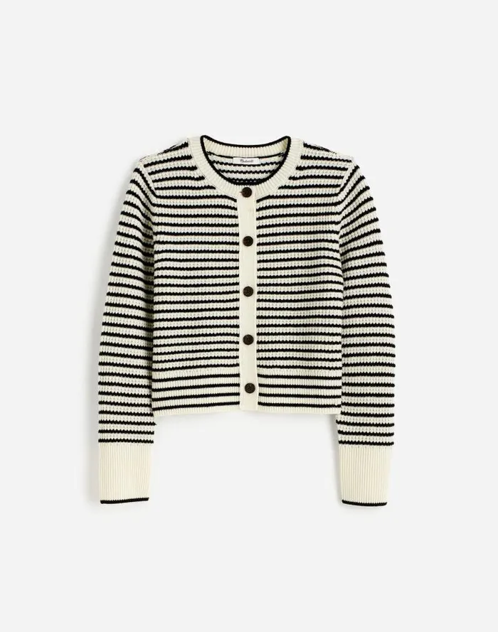 Women WaffleKnit Wool Cardigan In Stripe Winter White Stripe Madewell Sweaters