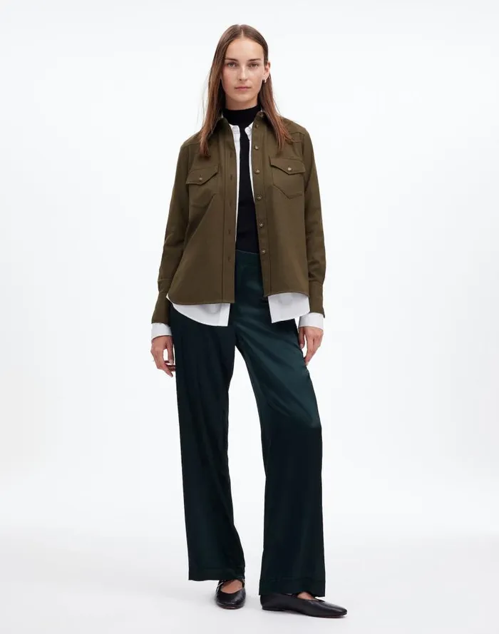 Women Western ButtonUp Shirt In Brushed Twill Dark Olive Melange Madewell Tops and Shirts