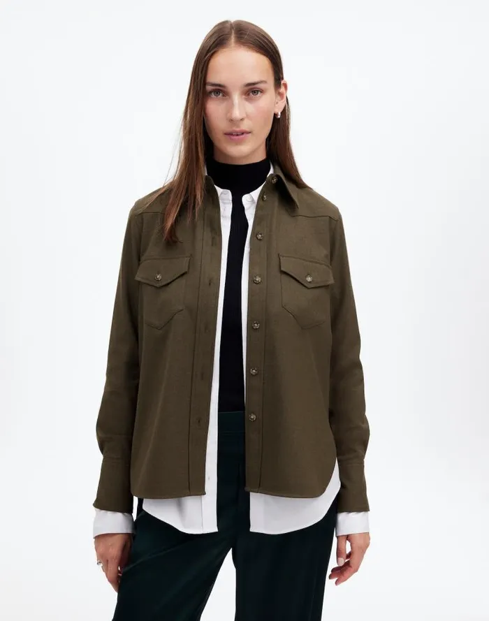 Women Western ButtonUp Shirt In Brushed Twill Dark Olive Melange Madewell Tops and Shirts