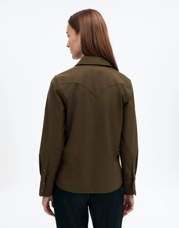 Women Western ButtonUp Shirt In Brushed Twill Dark Olive Melange Madewell Tops and Shirts