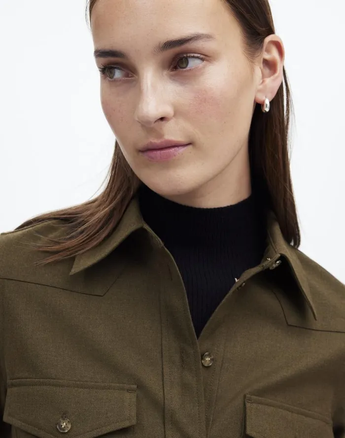 Women Western ButtonUp Shirt In Brushed Twill Dark Olive Melange Madewell Tops and Shirts