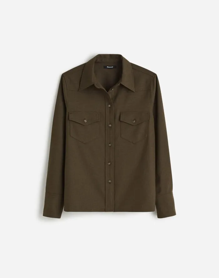 Women Western ButtonUp Shirt In Brushed Twill Dark Olive Melange Madewell Tops and Shirts