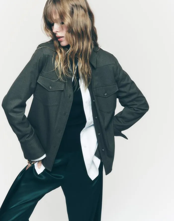 Women Western ButtonUp Shirt In Brushed Twill Dark Olive Melange Madewell Tops and Shirts